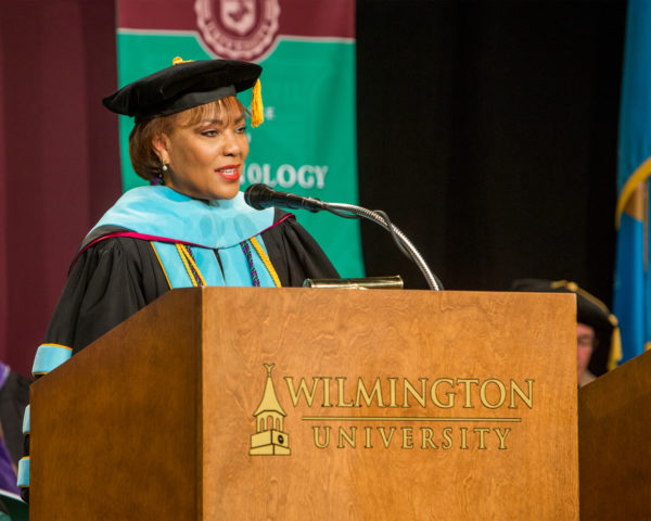 Wilmington University President Dr. LaVerne T. Harmon addresses graduates at the 2018 winter commencement ceremonies.