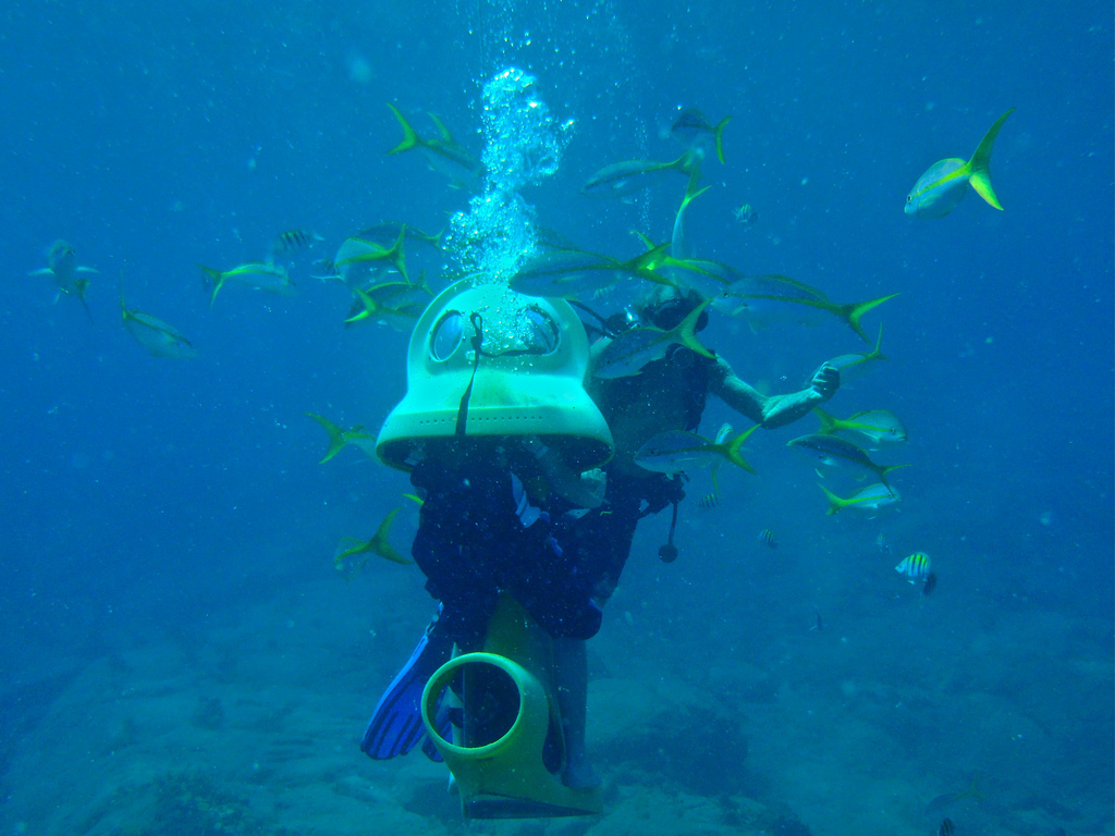 B.O.S.S. diving in St. Thomas (Breathing Observation Submersible Scooter).