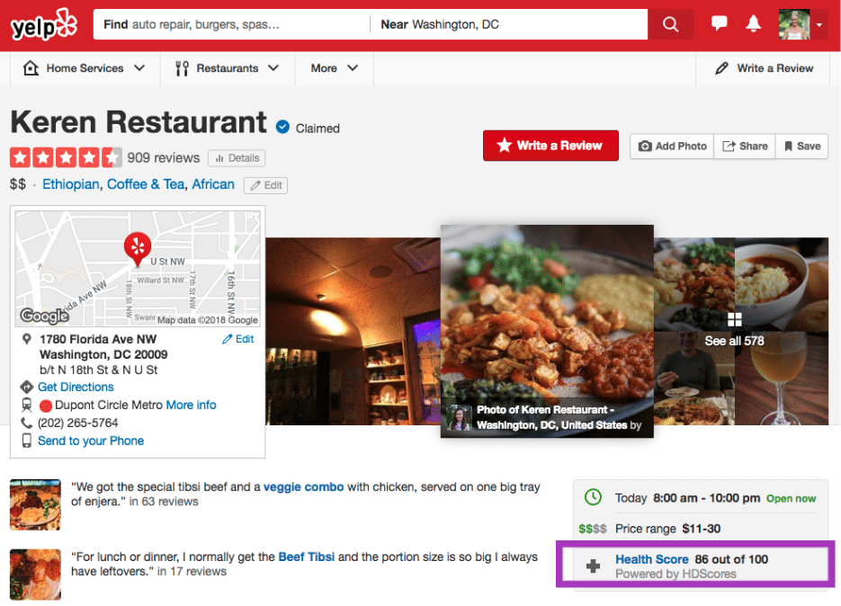 A screenshot of a Yelp review with HDScores restaurant info in DC. (Courtesy photo)