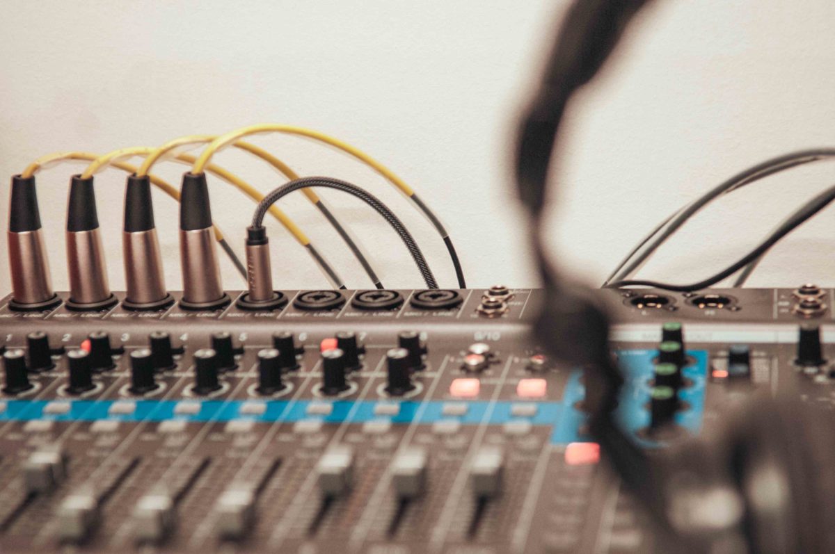The mixing board at MakeOffices' audio studio. (Photo by George Mocharko)
