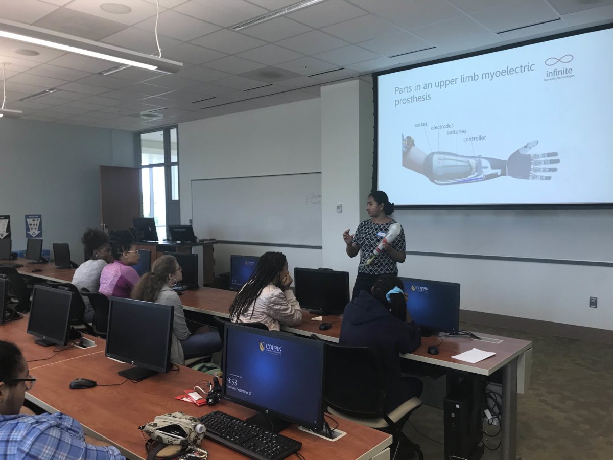 Damini Agarwal of Infinite Biomedical Technologies leads a workshop on embedded systems at the Girls in CS Summit. (Photo by Stephen Babcock)