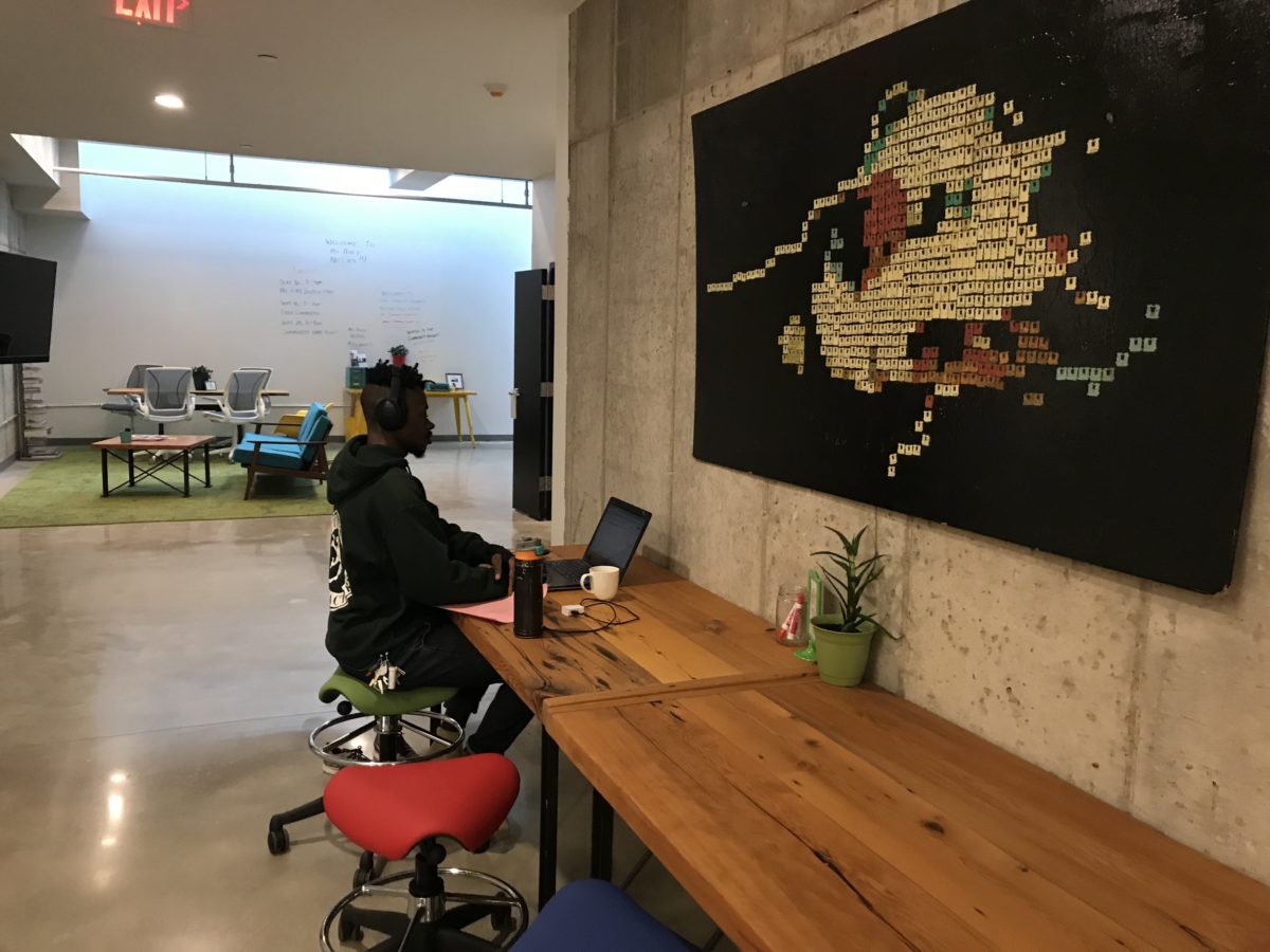 An open desk area inside a coworking space.