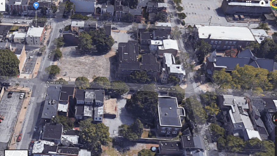 Google earth screenshot of the lot that will become a community greenspace.