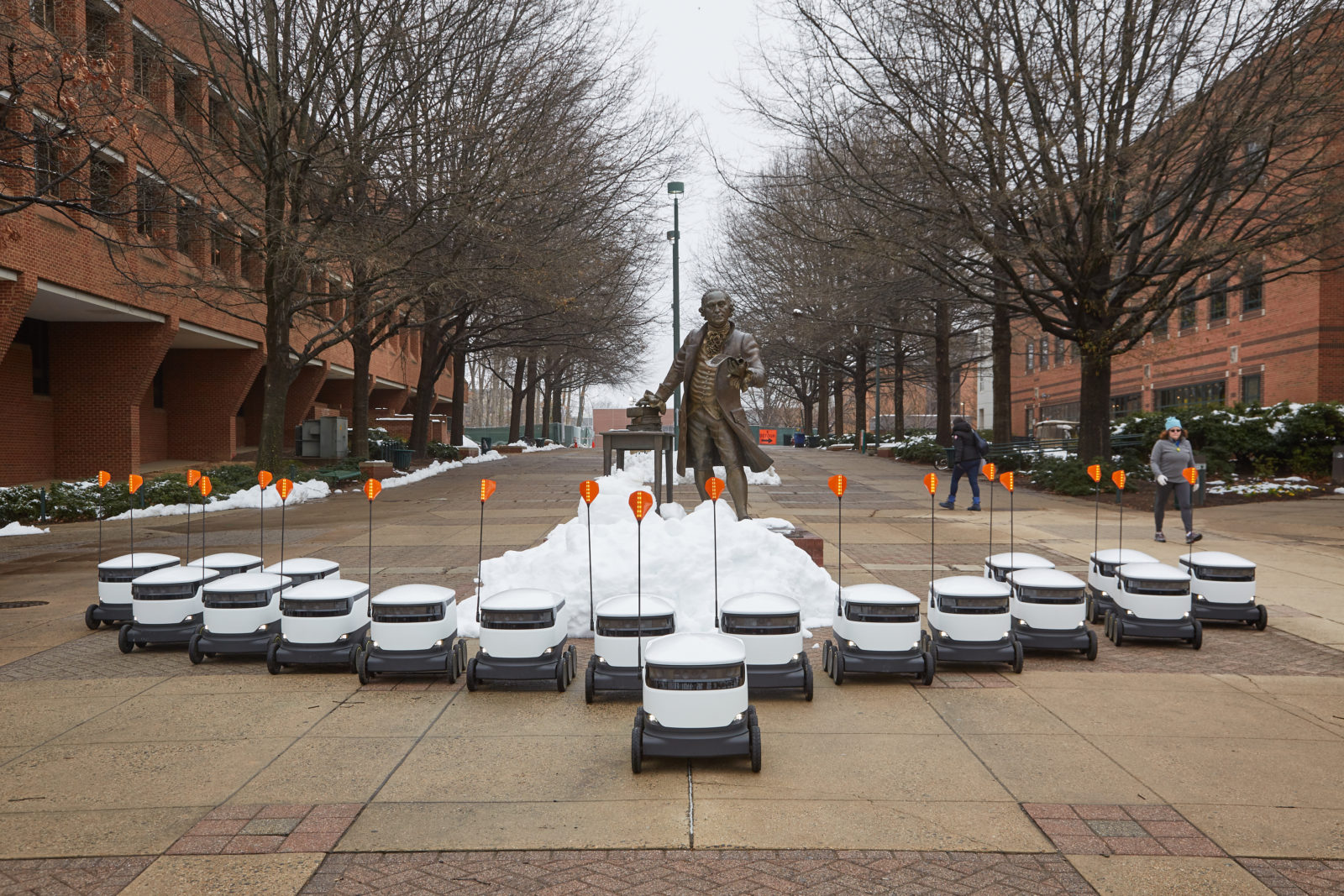 Black and white food delivery robots lined up.