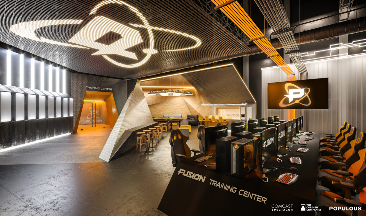 Rendering of a training facility for esports teams, featuring gaming computers and custom chairs