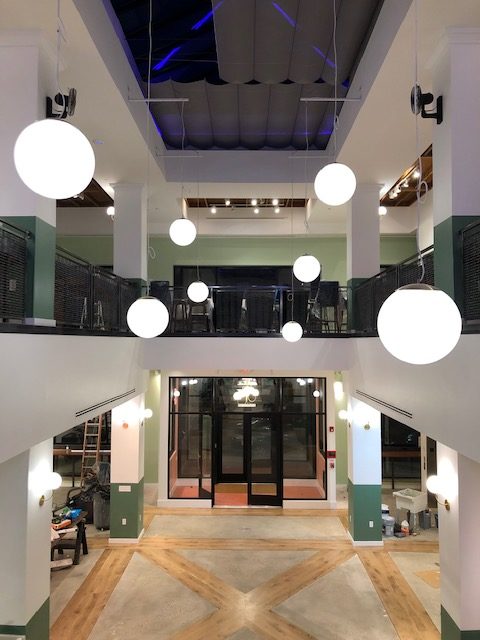 An open atrium with several lamps