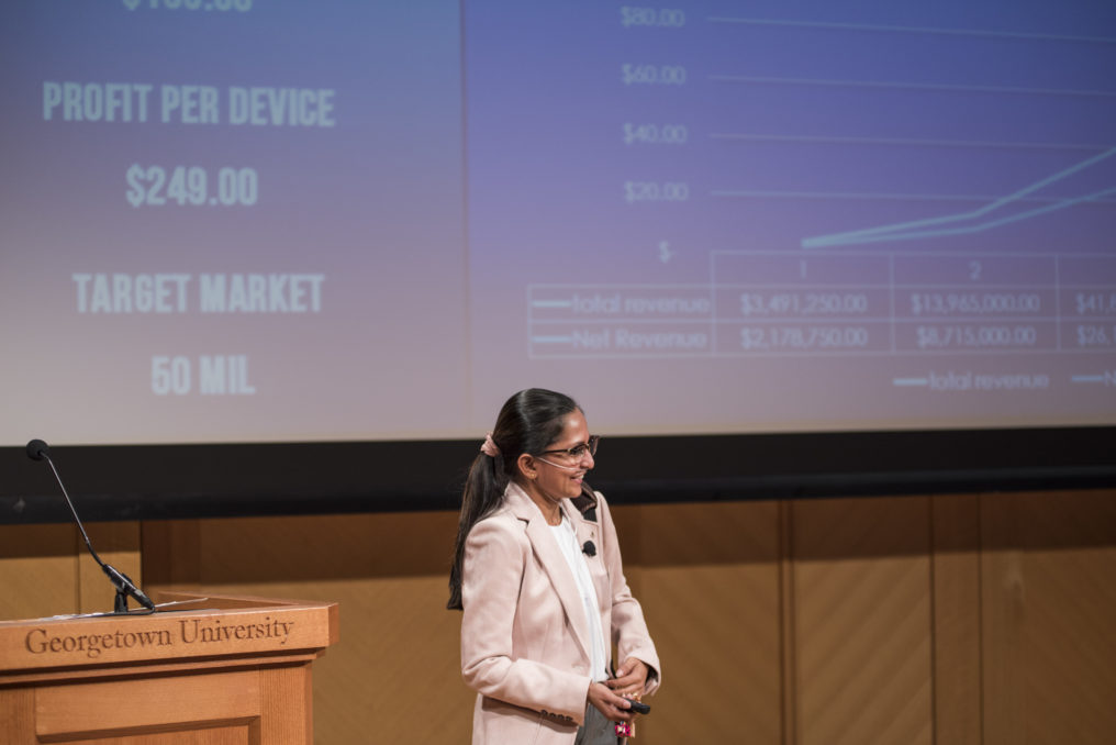 Shavini Fernando pitching O2Wear at the second annual Georgetown “Bark Bank” pitch competition. 