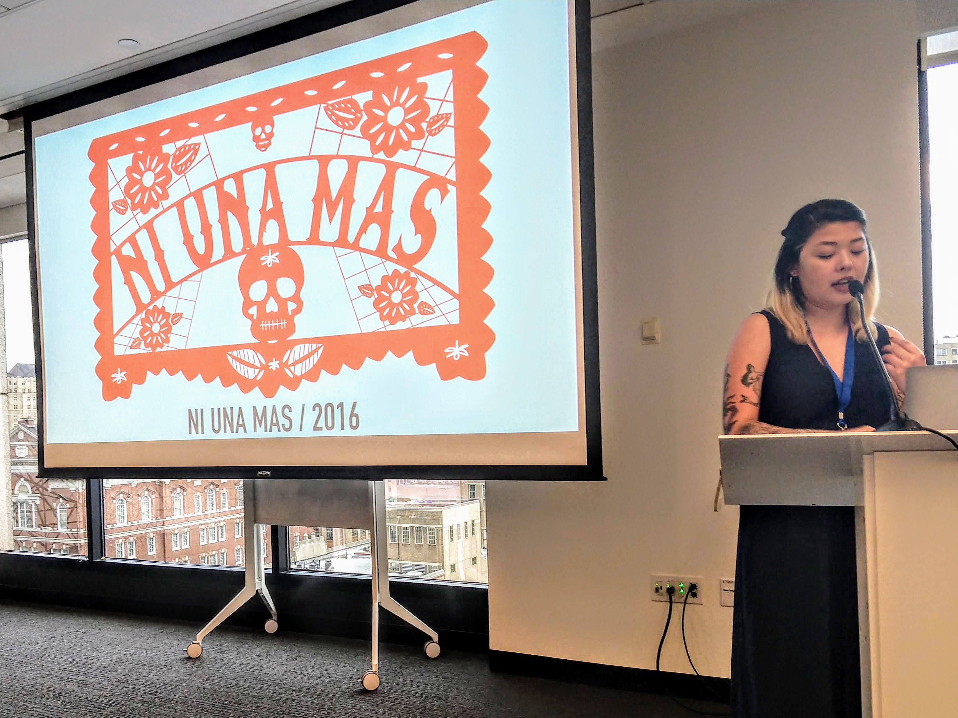 Erika Guadalupe Núñez showing Ni Uno Más (Not One More) artwork.