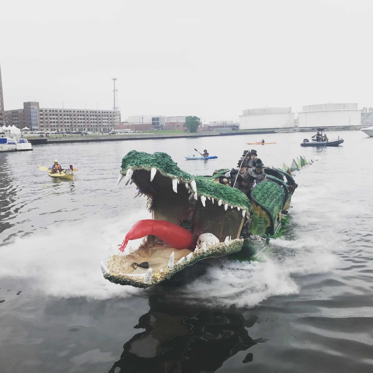 Tick Tock the Croc on the water at the 2019 AVAM Kinetic Sculpture Race.