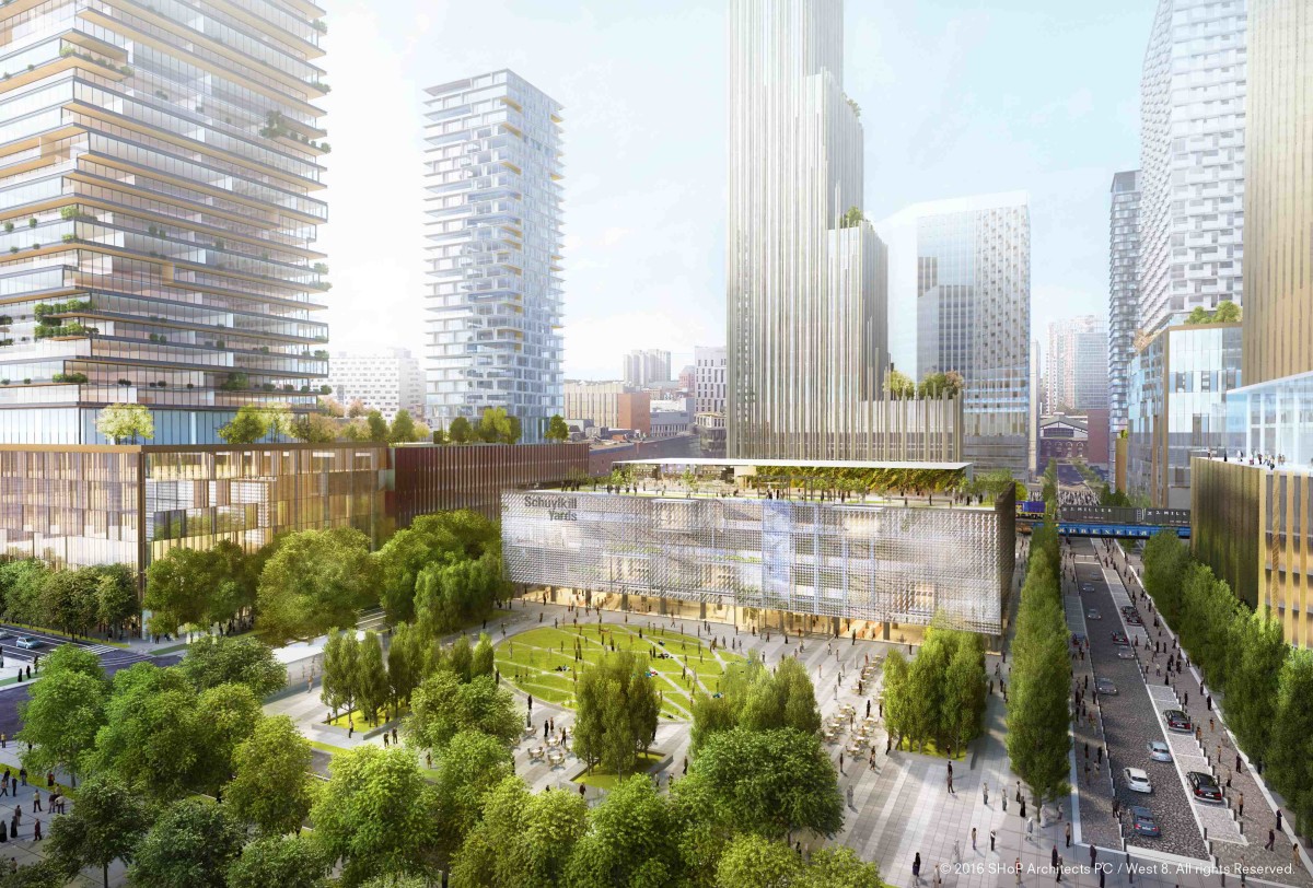 A rendering of the Schuylkill Yards, a University City development project, on view from 30th Street Station.