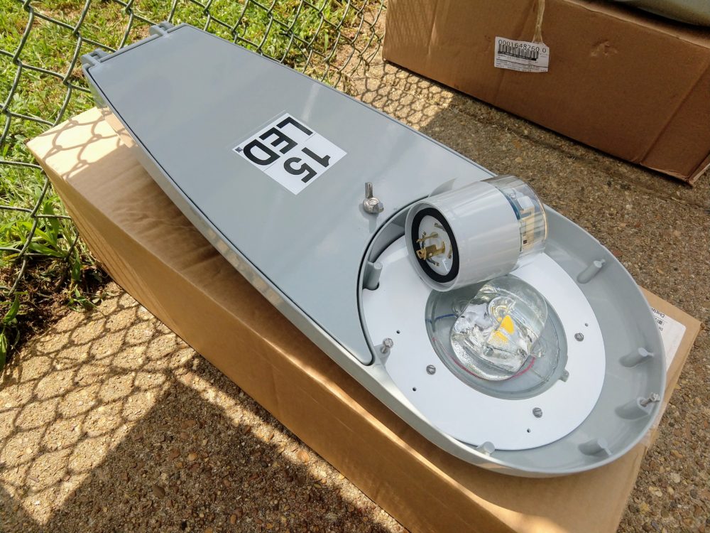 A closer look at an LED street lamp and sensor.