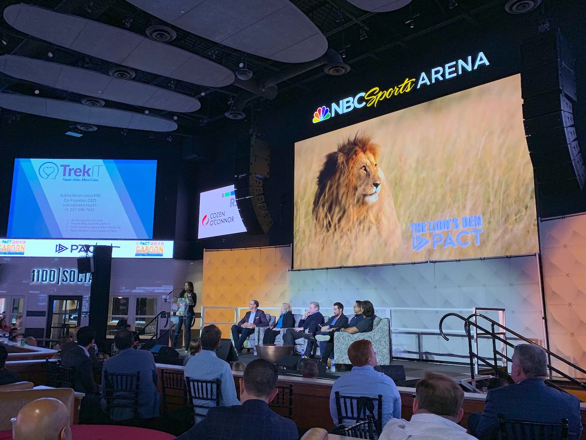 TrekIT Health CEO Subha Airan-Javia pitching to investors at the Lion’s Den live pitch event in 2019. 