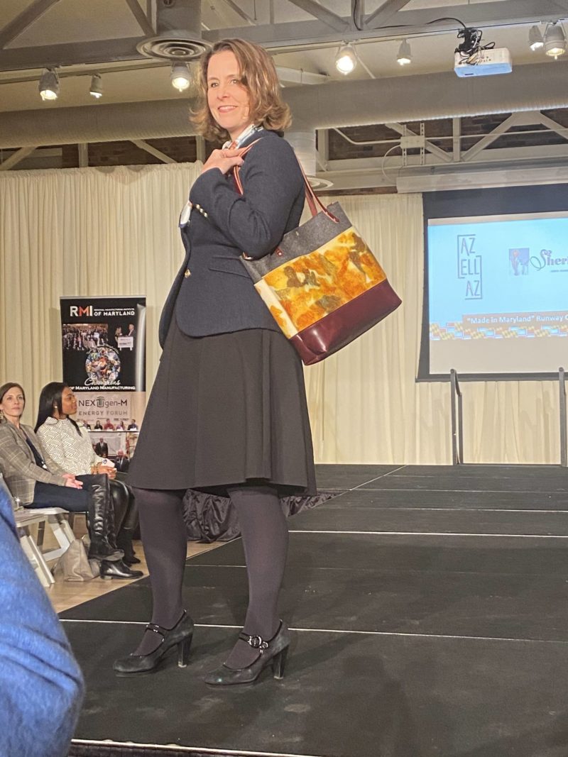 An Azellaz tote bag on the runway (Photo by Stephen Babcock)