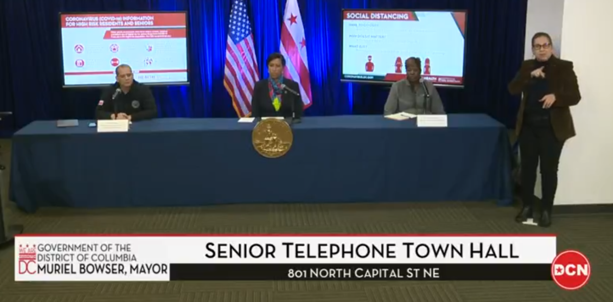 Mayor Muriel Bowser alongside D.C. government officials during a tele-town hall on March 24.  