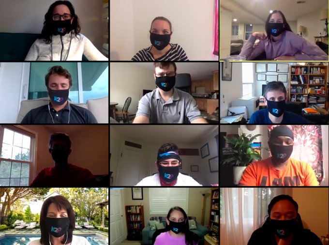 Knowledge to Practice employees in a virtual meeting with their company-branded masks.