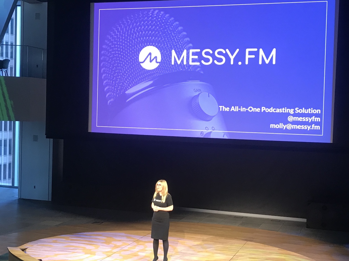 Messy.fm CEO Molly Beck presenting at Comcast NBCUniversal LIFT Labs’ Demo Day in 2019.