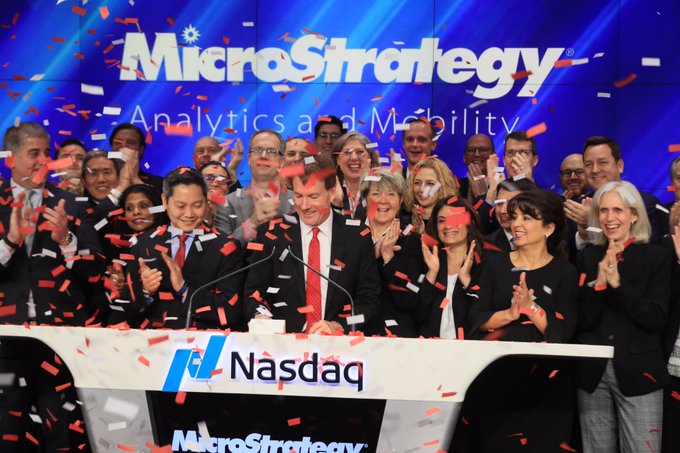 The MicroStrategy team ringing the opening bell on the Nasdaq Stock Exchange back in 2019.