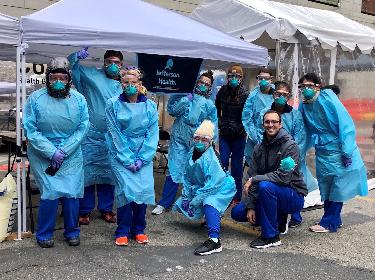 Jefferson Health workers at a COVID-19 mobile testing site in April 2020.