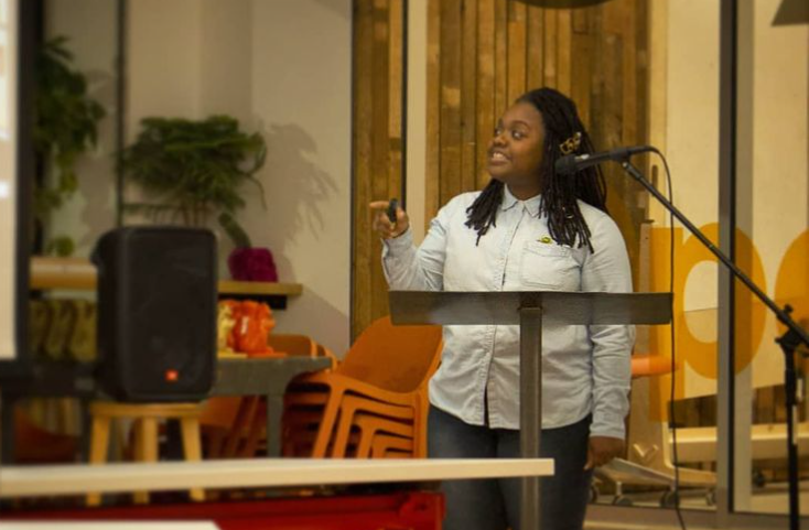 Drama Mama Bookshop founder Alisa Brock speas at Open Works’ EnterpRISE competition in 2019.