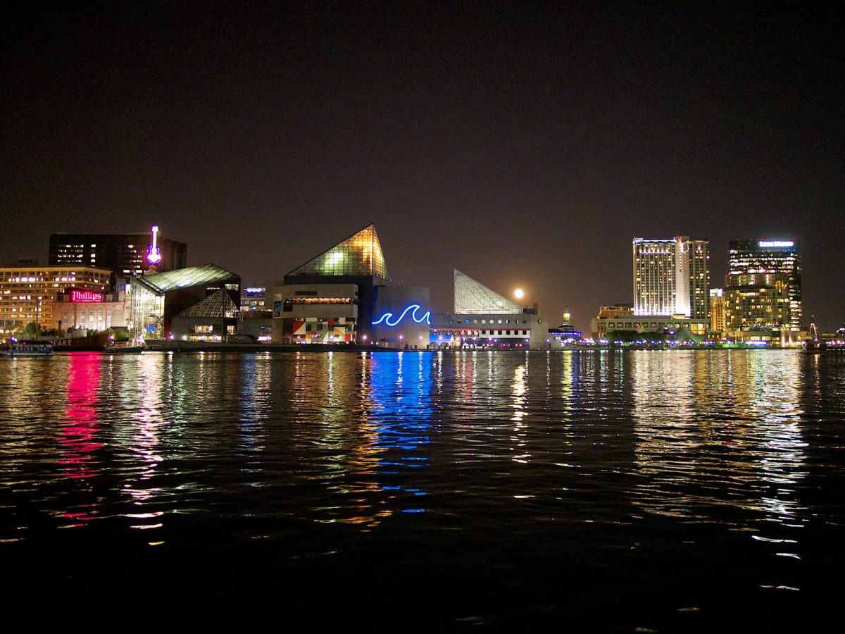 Baltimore’s Inner Harbor and skyline at night