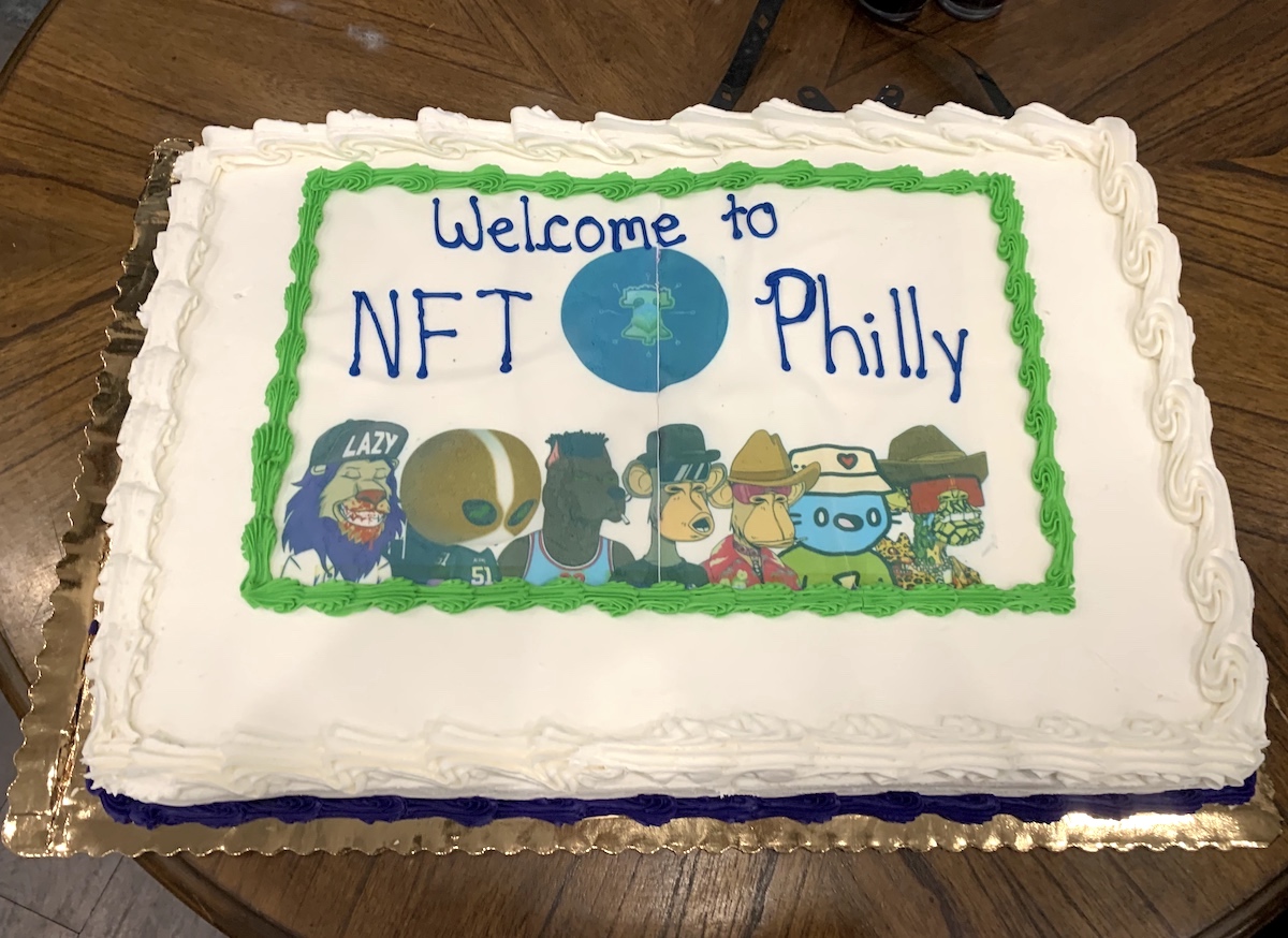 A cake decorated with local collectors’ NFTs at NFT Philly’s inaugural meetup. 
