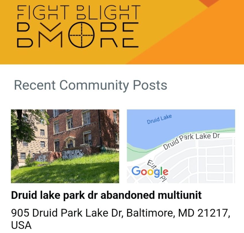 A screenshot from Fight Blight Bmore’s app, depicting a reported vacant and blighted property near southern edge of Druid Hill Park. 