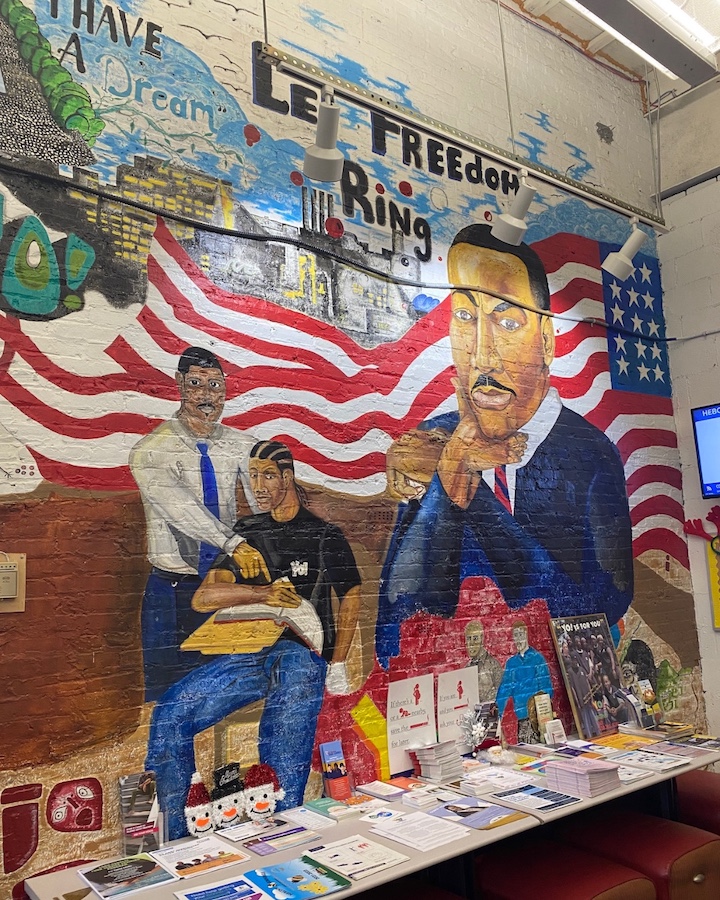 A mural, depicting Dr. Martin Luther King Jr., at the Eastside Youth Opportunity Center in East Baltimore. 