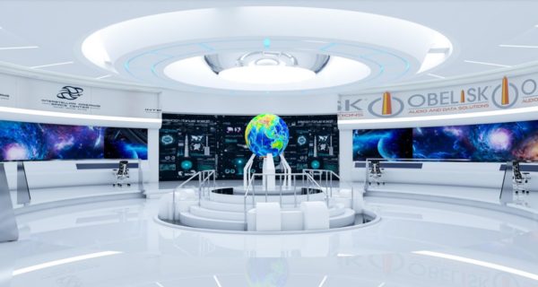 Another mockup of the VR station, featuring a globe in the center, computer wall, and visuals of space on the right and left sides of the round room.