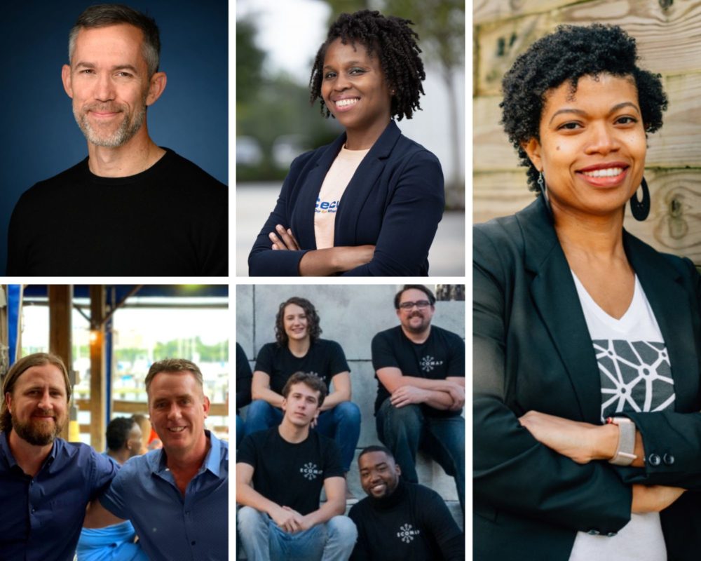 Clockwise from top left: Return Solutions’ Greg Dvorken, CyDeploy’s  Tina Williams-Koroma, Black Brain Trust’s Angel St. Jean, EcoMap Technologies’ team and Youreka Labs’ Mike and Thomas Boosinger. 