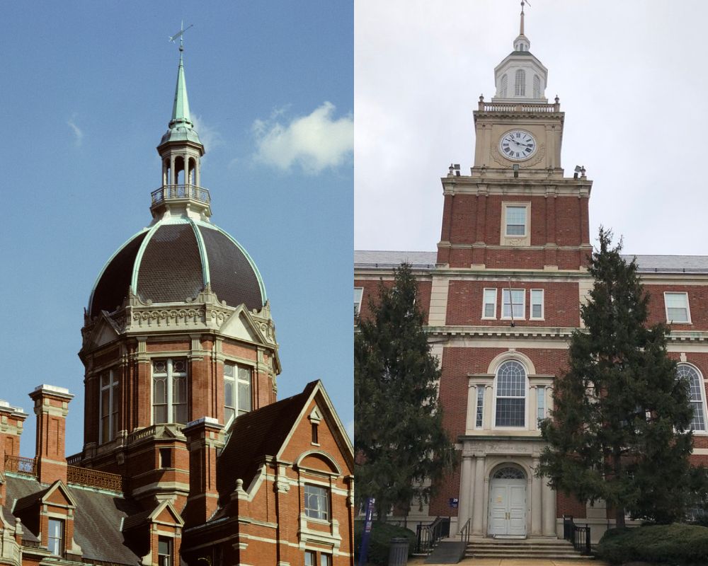 (L to R) The signature dome of Johns Hopkins University School of Medicine; Founders Library at Howard University.