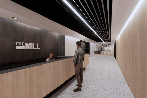A rendering of a common area on the Mill's 3rd floor by Gensler