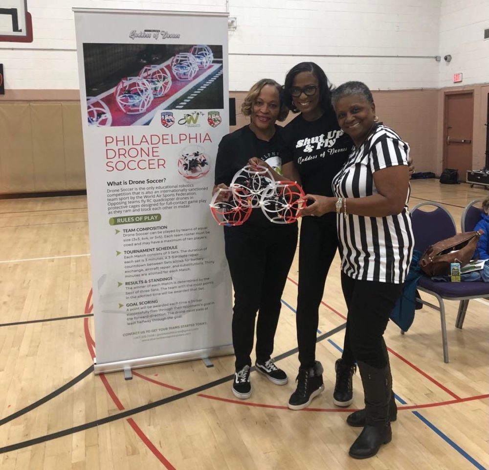 Shari Williams (middle) at the Philadelphia Drone Soccer League launch.