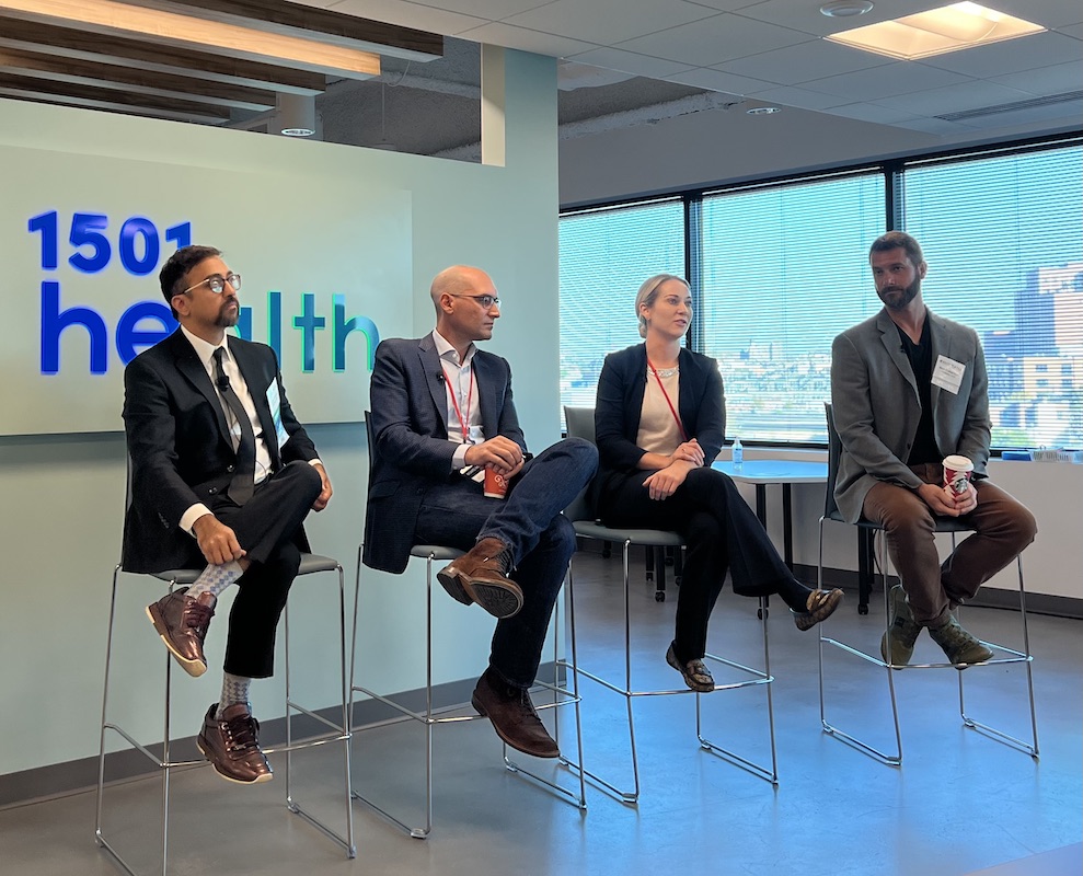 Panelists speak during the Baltimore Regional Tech Council’s event on corporations’ role in health tech startups at 1501 Health.