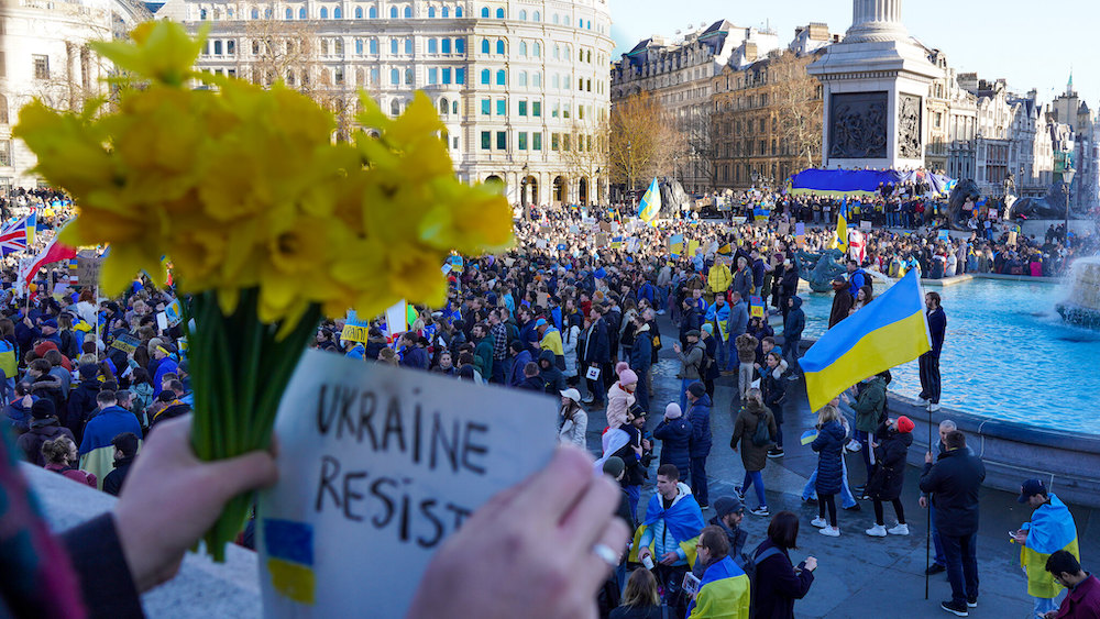 The crowd at a protest for solidarity with Ukraine in London.