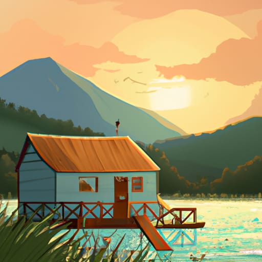 A cozy cabin on a lake with green mountains in the distance sunset realistic summer AI