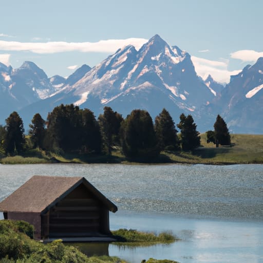 A cabin on a lake with mountains in the distance AI