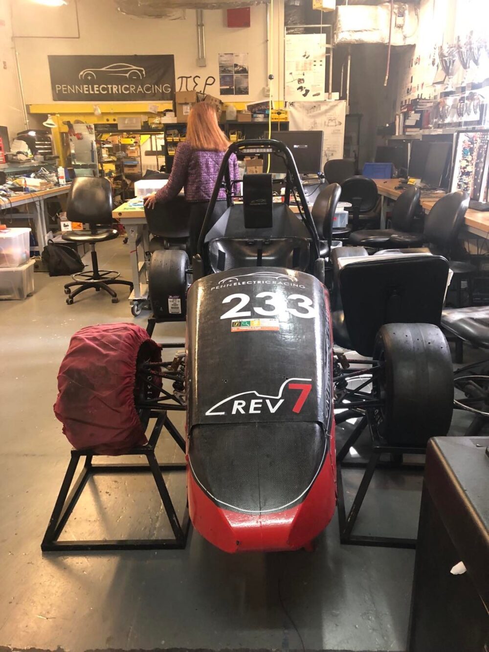 A racecar in a workshop