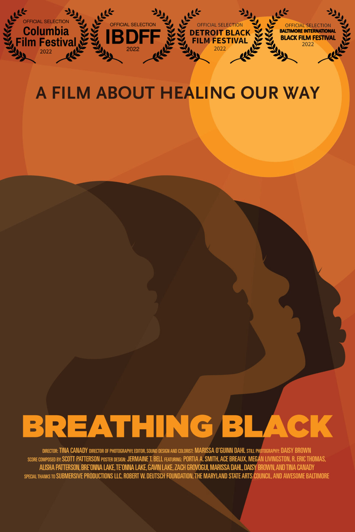 Movie poster featuring silhouettes of four Black people in varying shades against orange background with light orange sun and orange and black text.