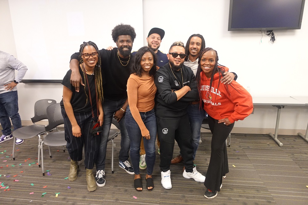 MEAGAN TURNER AND ROHAN BROWN WITH THE FOUNDERS THEY TRAVELED WITH ON THEIR FIRST TOUR (L TO R): YATEOU'S DAYO MCINTOSH, THE GAIA BOX'S THAD PAYTON, WORKBNB'S YEVES PEREZ, THE GAIA BOX'S DAMONN ALSTON AND HIPPOCLIN APP'S VANESSA WILLIAMS.