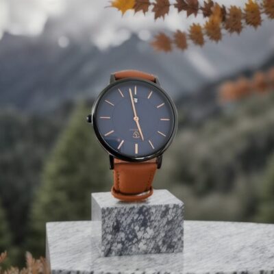 Analog wristwatch with a leather strap displayed outdoors with mountains in the background.