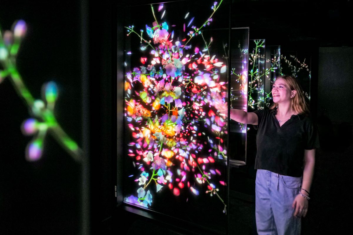 A woman in a black shirt touches a transparent screen with multicolor lights. 