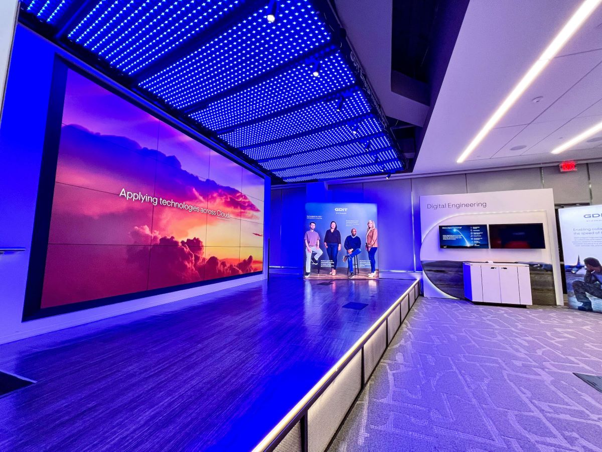 A stage with purple lights and a projector with a sunset. 