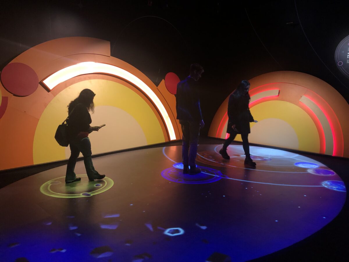 An interactive floor for users to act as gravity between planets, asteroids and other things in space.