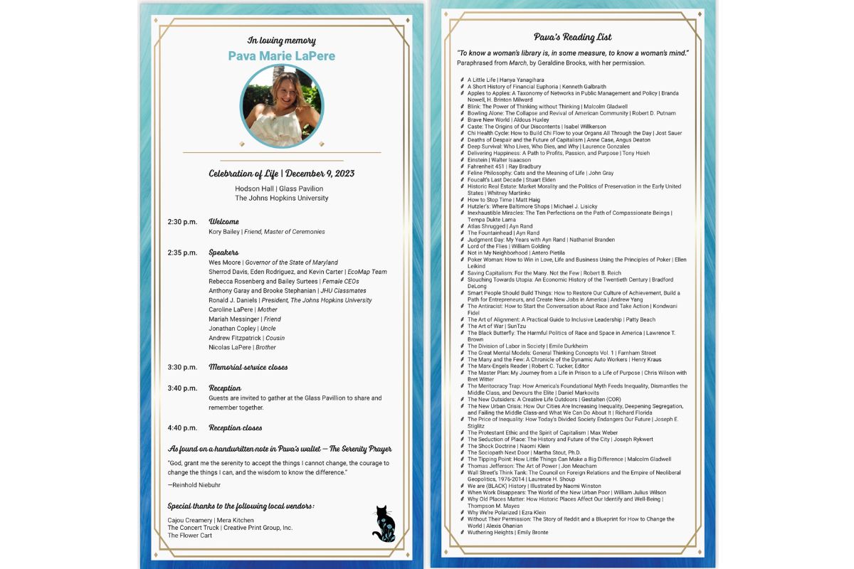 Front and back of program with photo of Pava LaPere and black text surrounded by blue and turquoise border