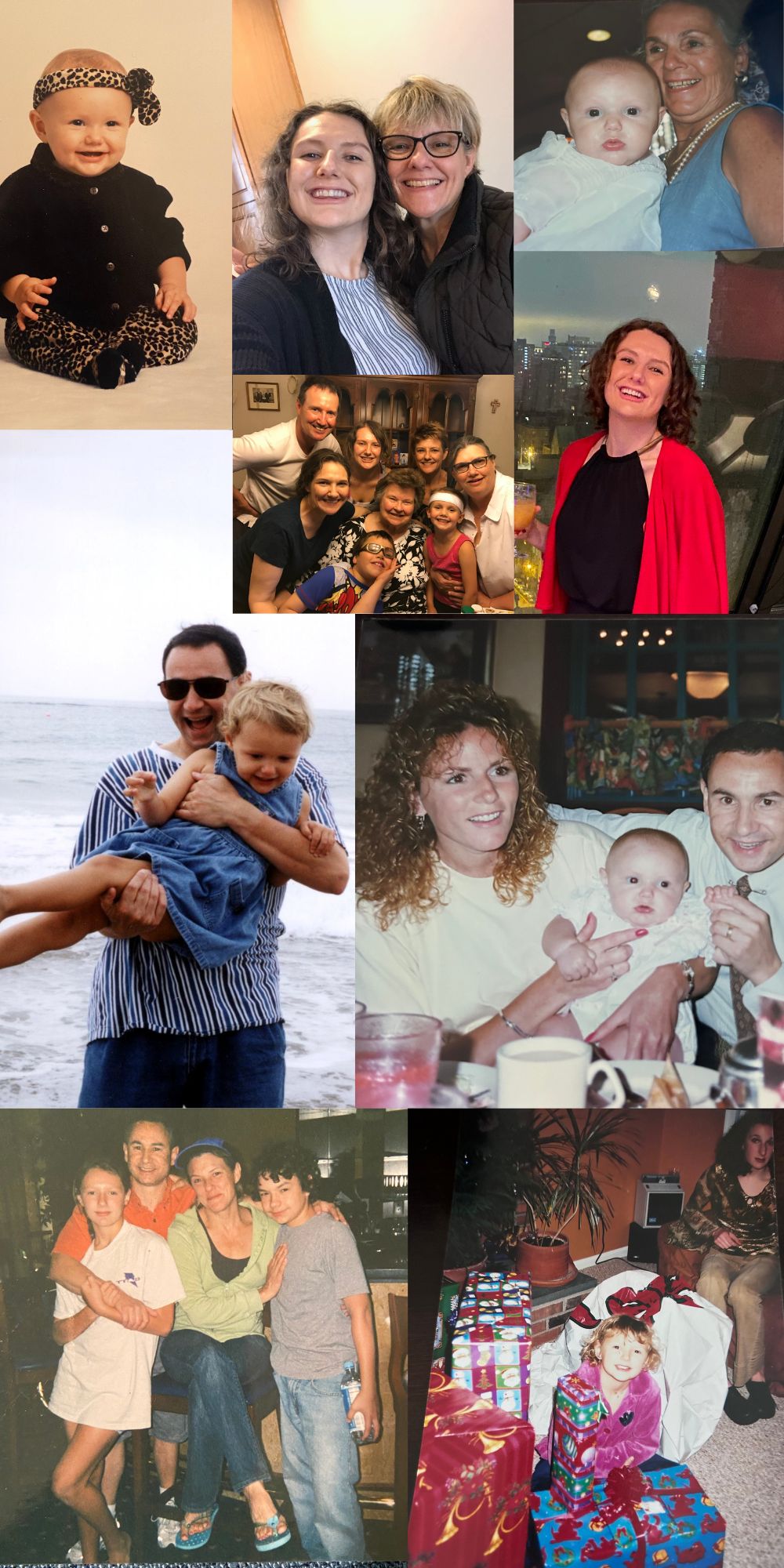 A collage of photos of Pava LaPere with family, from infancy to adulthood.