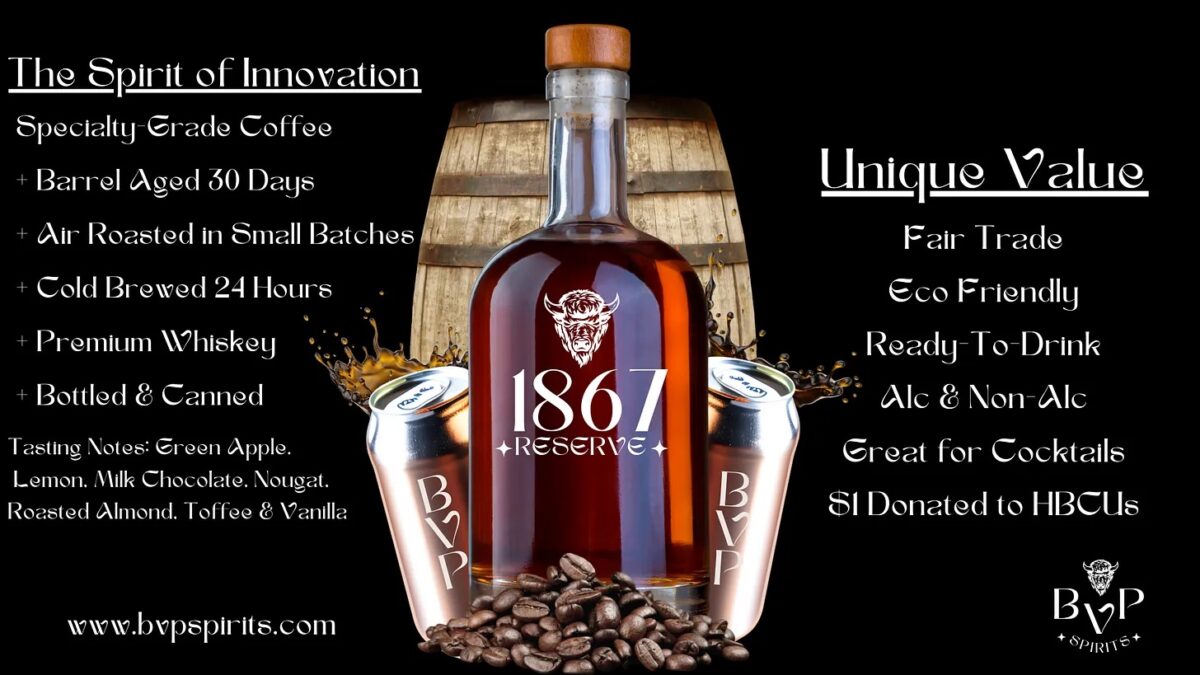 A bottle of bourbon with coffee beans and a barrel on black-backgrounded slide.