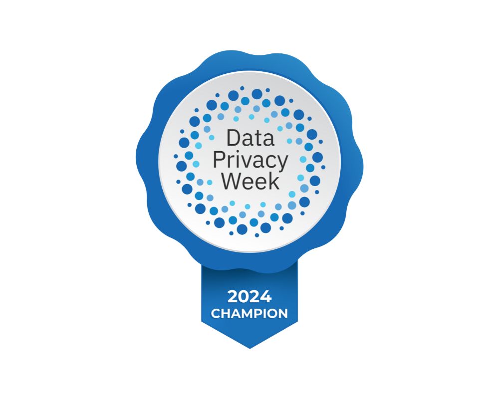 A blue badge reads "Data Privacy Week" in the center and "2024 CHAMPION" on the bottom