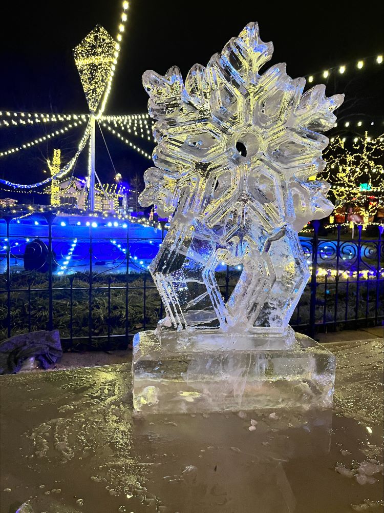 An ice sculpture in front of the center fountain at Franklin Square.