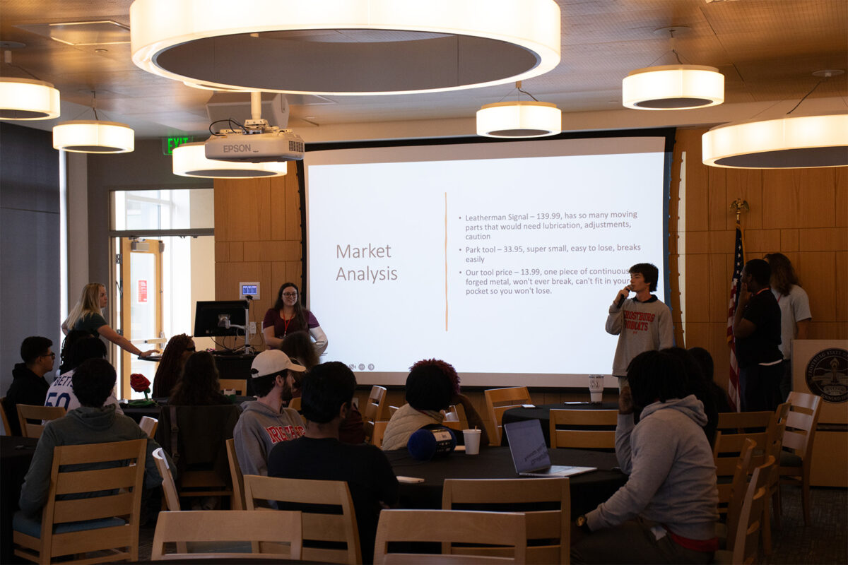 A group of students doing a presentation at the front of a room.