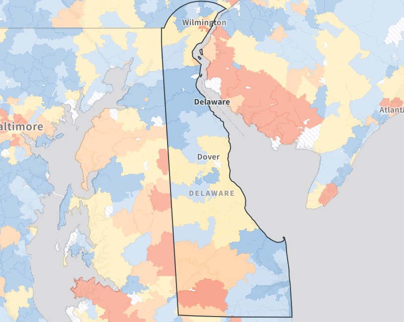 A map showing the percentage of distressed communities in Delaware